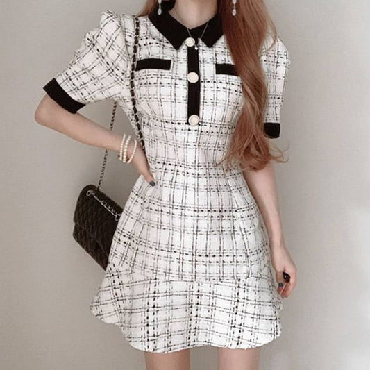 Short-Sleeve Collared Tweed Mini A-Line Dress