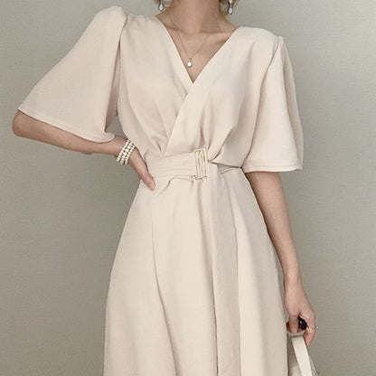 Short-Sleeve V-Neck Wrapped Plain Midi A-Line Dress