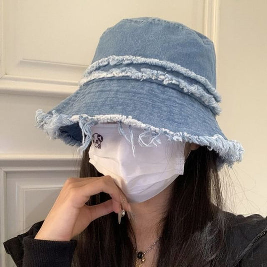 Distressed Fringed Bucket Hat Denim