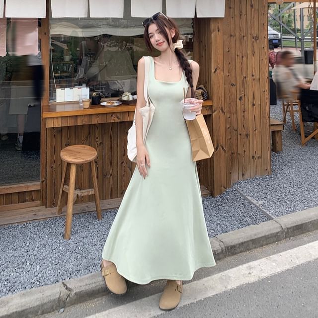 Square Neck Sleeveless Solid A-Line Tank Maxi Dress