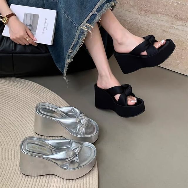 Platform Slide Sandals Heel Knot Wedge