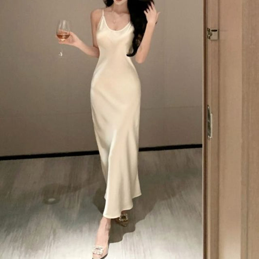 Backless Spaghetti Strap Silky Maxi Dress