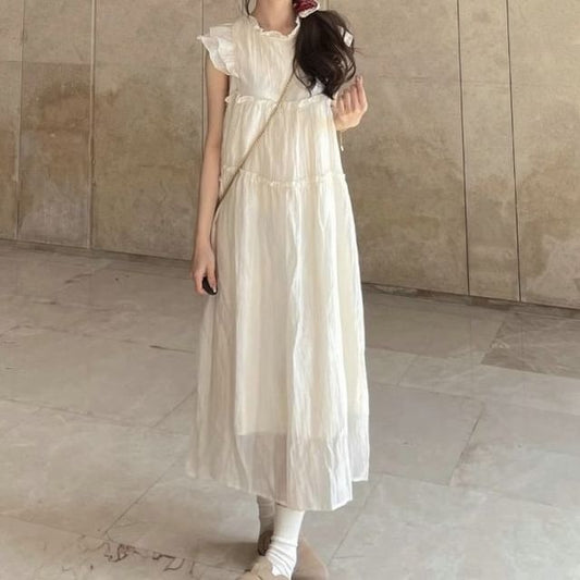 Plain Cap-Sleeve Midi A-Line Dress Sheer