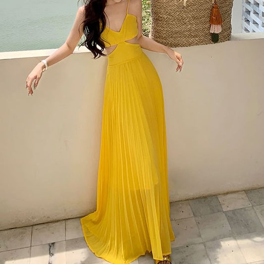 V-Neck Dress Chiffon Cutout Maxi Spaghetti Pleated Strap