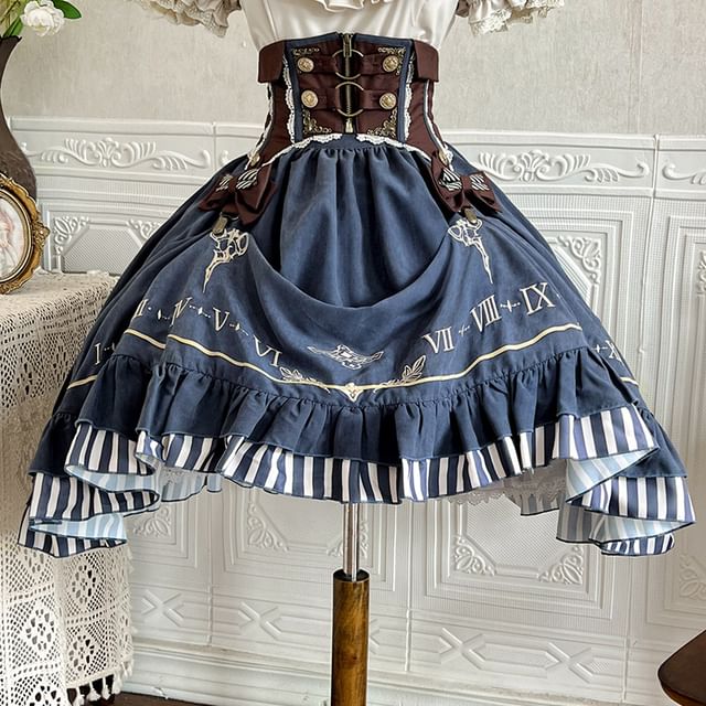 Lolita Puff-Sleeve Plain Lace Trim Ruffle Shirt / Bow Belt / High Waist Graphic Print A-Line Skirt / Set