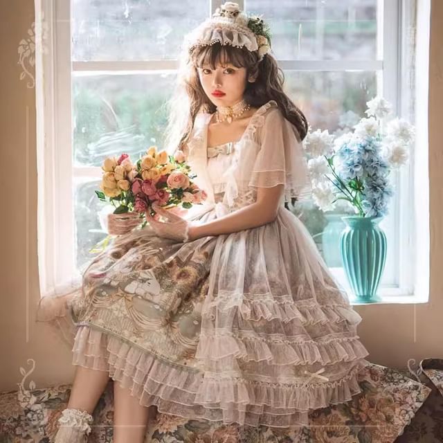 Spaghetti Lolita Strap Rabbit Print Midi A-Line Dress / Petticoat Skirt / Short-Sleeve Dotted Ruffle Lace Trim Light Jacket / Socks / Set