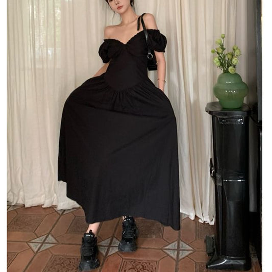 V-Neck Puff-Sleeve Solid A-Line Maxi Dress