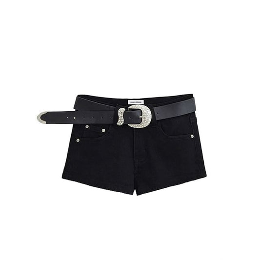 Set: High Waist Denim Shorts + Rhinestone Belt