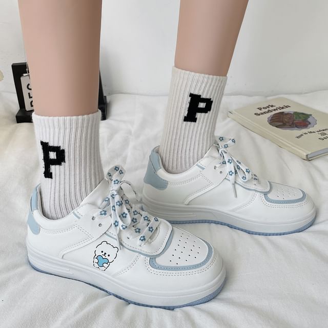 Platform Bear Print Lace Up Sneakers