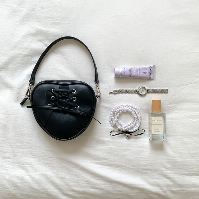 Heart Chain Bag Leather Crossbody Shaped Faux Lace-Up Strap