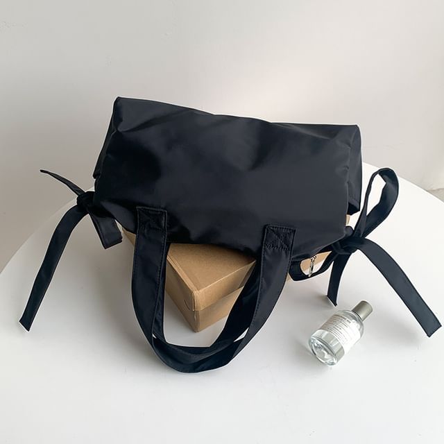 Plain Bow Accent Nylon Tote Bag