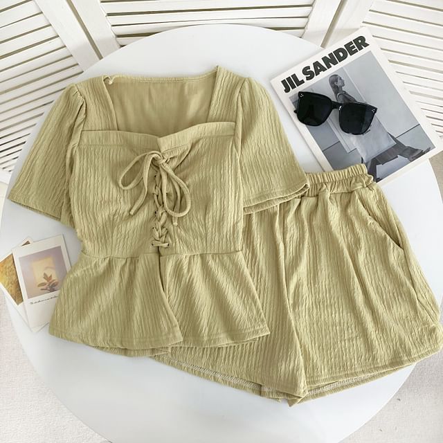 Set: Short-Sleeve Square Neck Plain Lace Up Panel Top + Elastic Waist Shorts