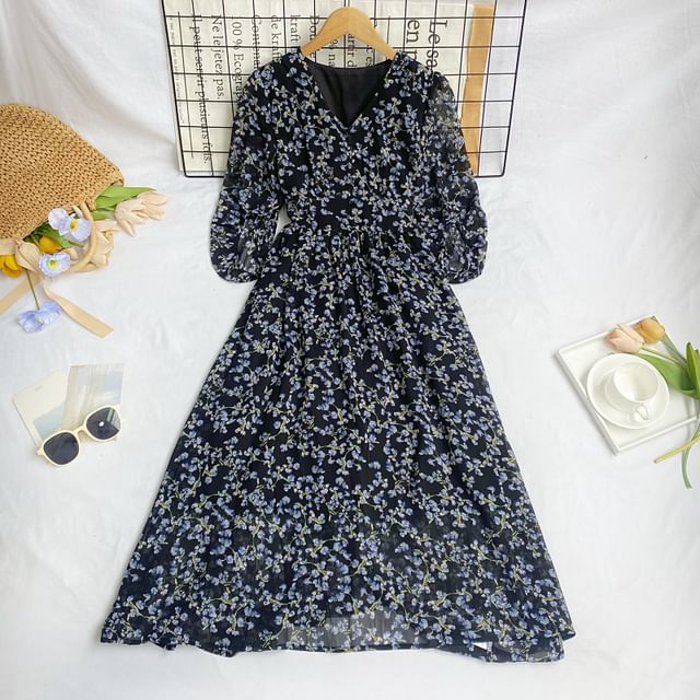 Elbow-Sleeve V-Neck Floral Print Button Midi A-Line Dress