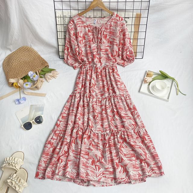 Short-Sleeve Round Neck Patterned Print Tiered Tie Front Midi A-Line Dress