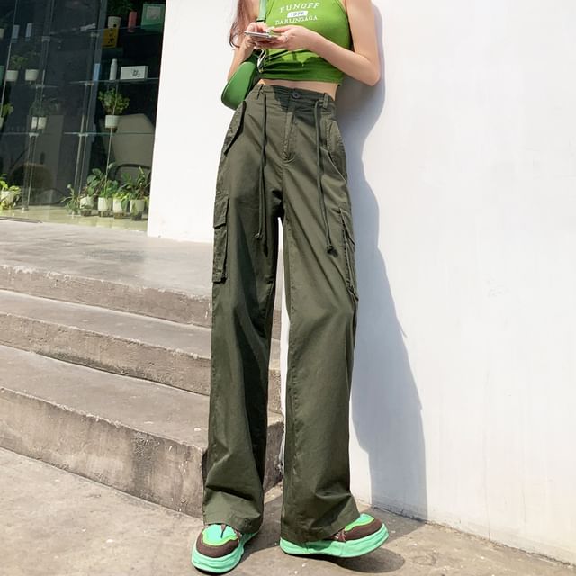 High Rise Plain Wide Leg Cargo Pants