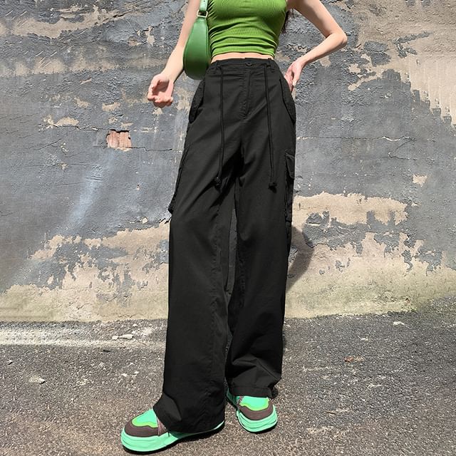 High Rise Plain Wide Leg Cargo Pants