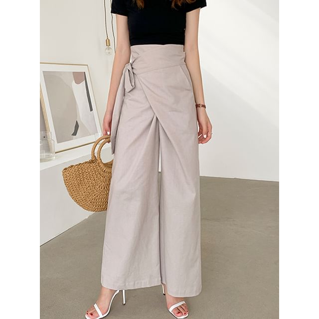 High Rise Plain Tie-Up Wide Leg Pants