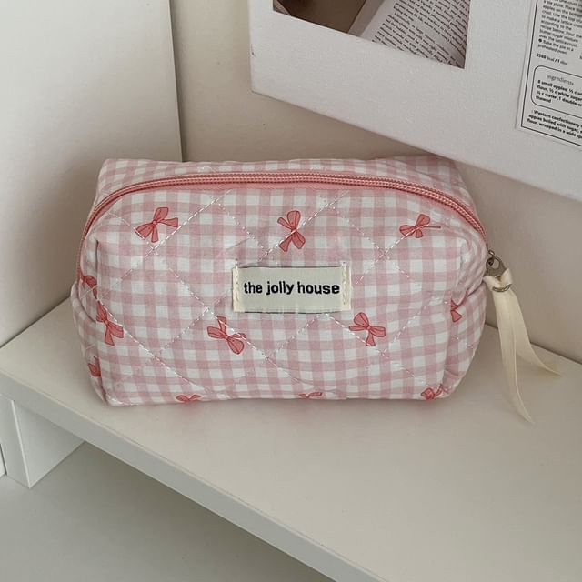 Bow Plaid Fabric Makeup Bag / Clutch / Pencil Case