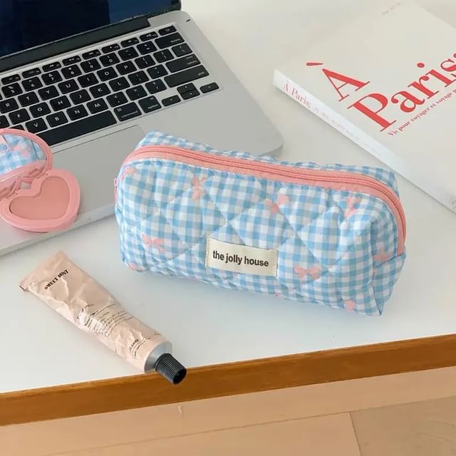 Bow Plaid Fabric Makeup Bag / Clutch / Pencil Case