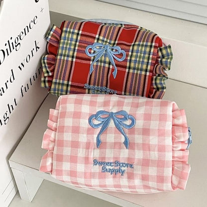 Bow Embroidered Plaid Coin Purse