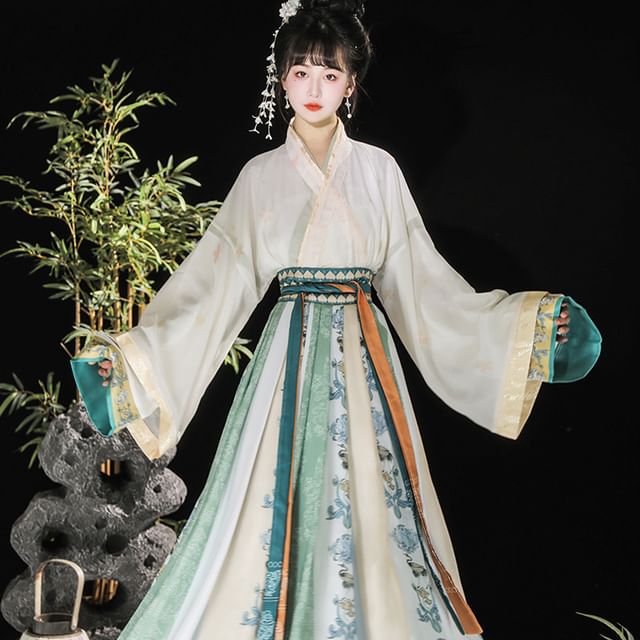 Floral Embroidered Hanfu Top / Light Jacket / Mid Rise Maxi Skirt / Set