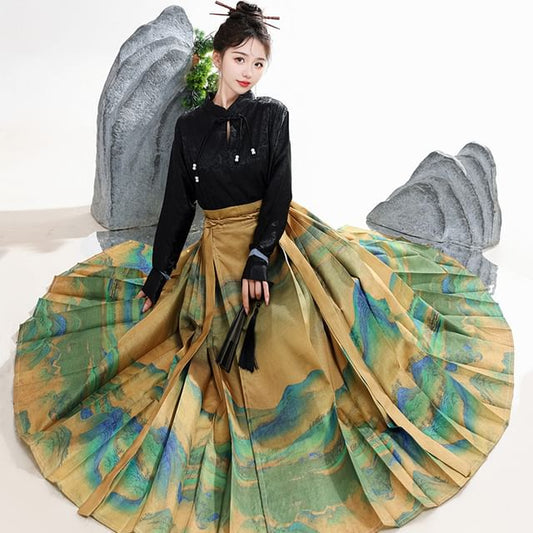 Tie Neck Hanfu Top / Mid Rise Print Maxi Skirt / Set