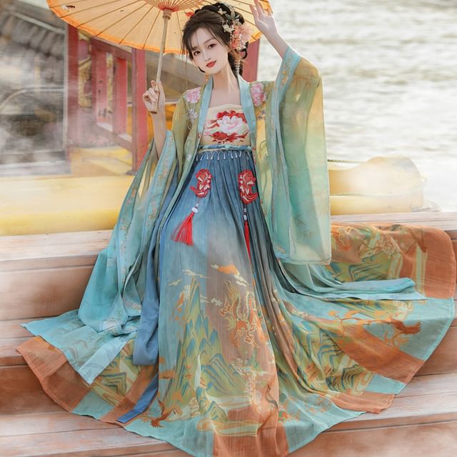 Set: Floral Embroidered Hanfu Maxi Dress + Long Light Jacket + Scarf + Fish Hanging Deco