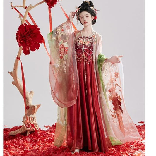 Set: Floral Embroidered Hanfu Maxi Dress + Long Light Jacket + Scarf