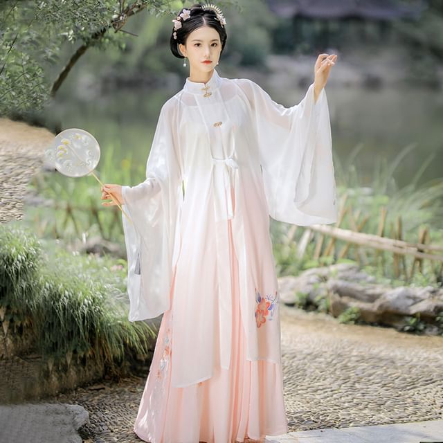 Set: Floral Embroidered Hanfu Top + Mid Rise Maxi Skirt