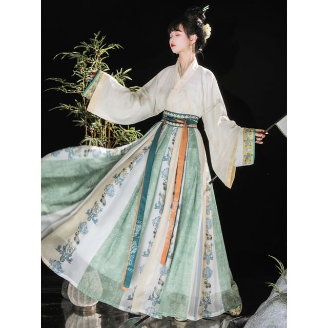 Floral Embroidered Hanfu Top / Light Jacket / Mid Rise Maxi Skirt / Set