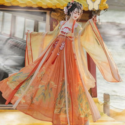 Set: Floral Embroidered Hanfu Maxi Dress + Long Light Jacket + Scarf + Fish Hanging Deco