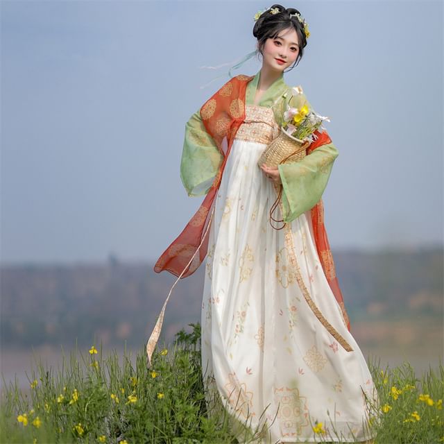 Set: Floral Hanfu Maxi Dress + Long Light Jacket