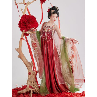 Set: Floral Embroidered Hanfu Maxi Dress + Long Light Jacket + Scarf