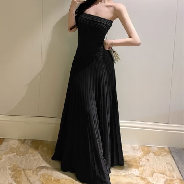 Tube Neck Solid A-Line Maxi Dress