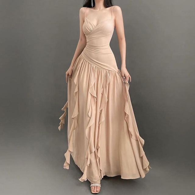 V-Neck Spaghetti Strap Solid Ruffle Ruched Wrap A-Line Maxi Dress
