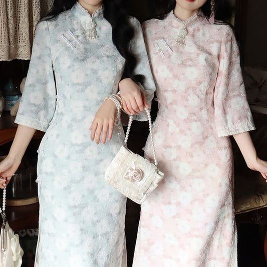 3/4-Sleeve Floral Print Jacquard Lace Trim Frog Buttoned Slit Midi Sheath Qipao