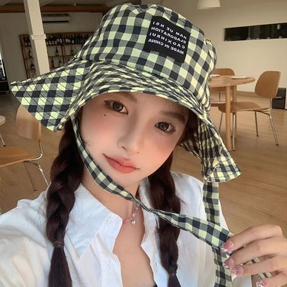 Checkered Cotton Bucket Hat With Chin Strap