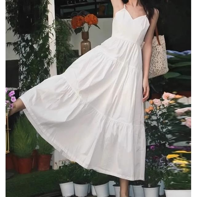 Thin Strap V-Neck Solid Maxi A-Line Dress