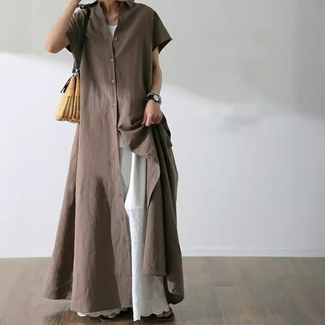 Short-Sleeve Solid Shirt Maxi Dress