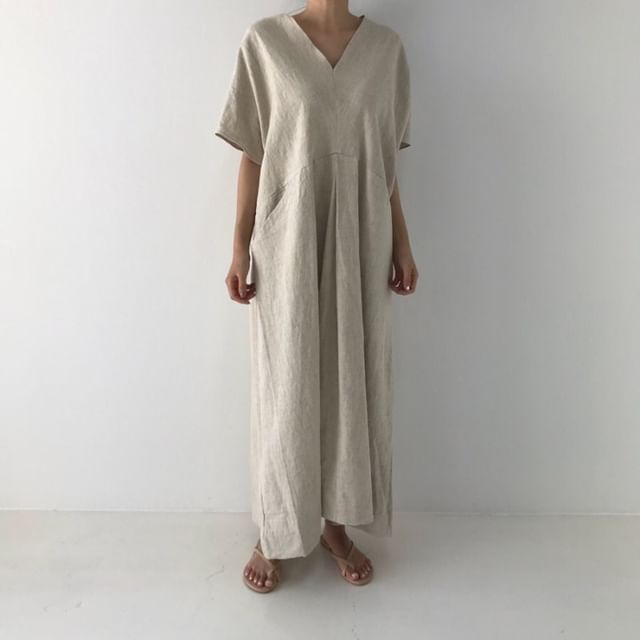 V-Neck Short-Sleeve Solid Sundress Maxi