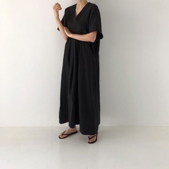 V-Neck Short-Sleeve Solid Sundress Maxi