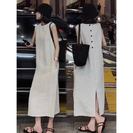 Short-Sleeve Solid Open Back Sundress Maxi