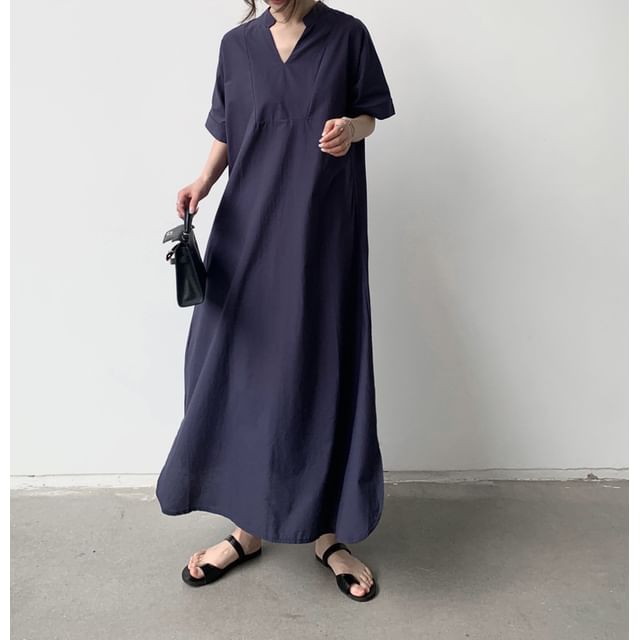 V-Neck Short-Sleeve Solid Slit A-Line Maxi Dress