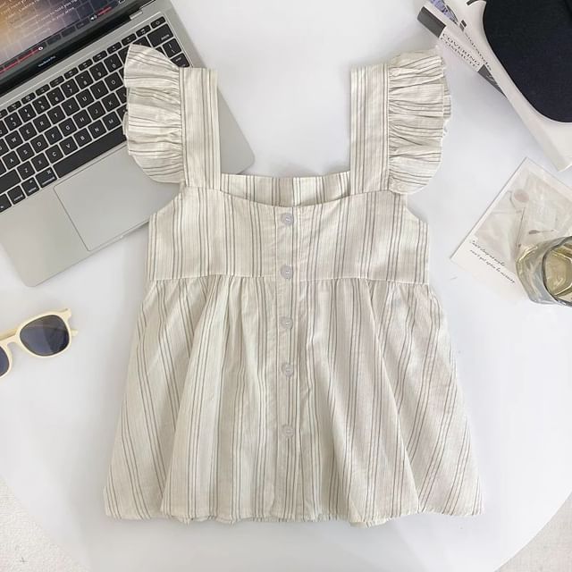 Sleeveless Square Neck Striped Ruffle Button Top