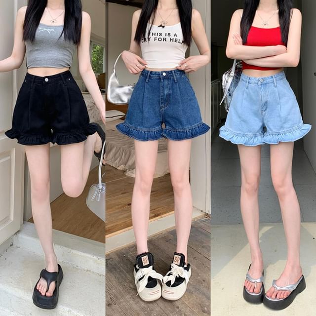 High Waist Ruffle Hem Denim Shorts