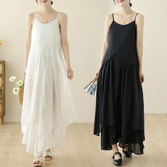 Spaghetti Strap Plain Asymmetrical Maxi Sundress