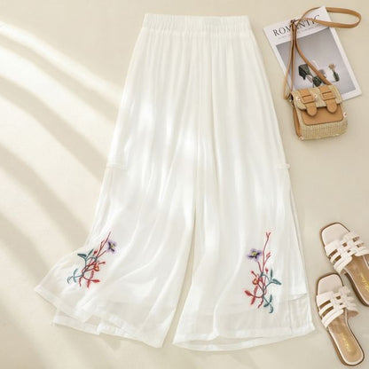 High Waist Flower Embroidered Wide Leg Pants