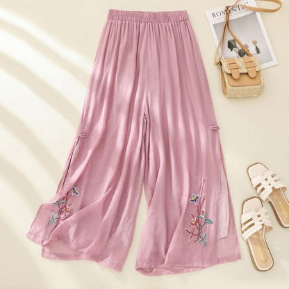 High Waist Flower Embroidered Wide Leg Pants