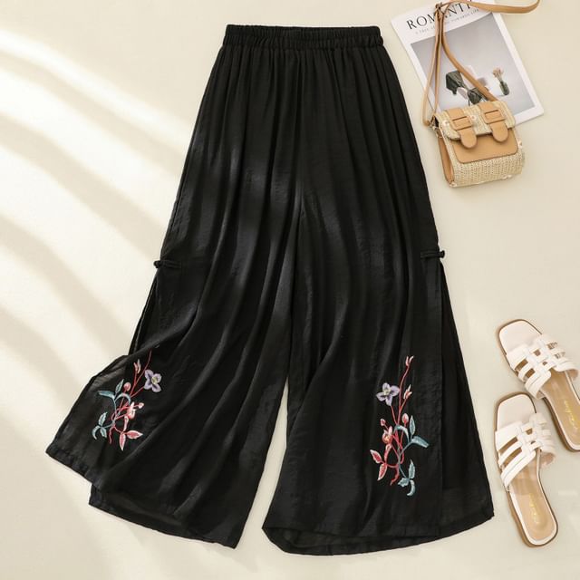 High Waist Flower Embroidered Wide Leg Pants