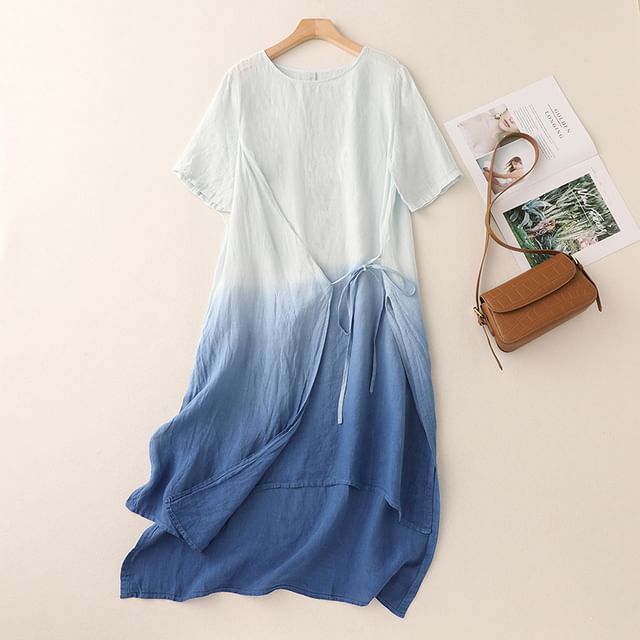 Short-Sleeve Gradient Asymmetrical Midi Sundress